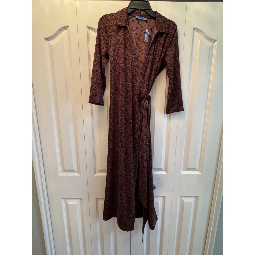 J.McLaughlin Ruthie Wrap Dress Brown Paisley Block Party Geometric Midi NWT M